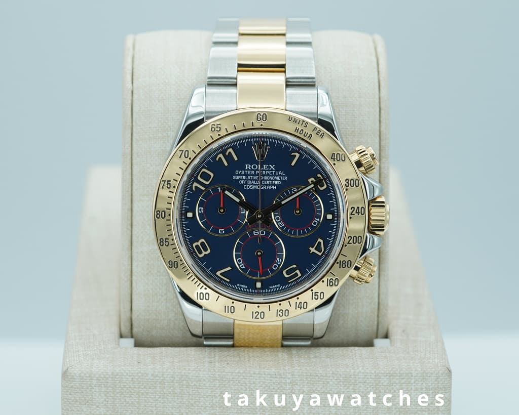 CPO Rolex 116523 DAYTONA YELLOW GOLD TWO TONE BLUE RACING DIAL WARRANTY FULL SET