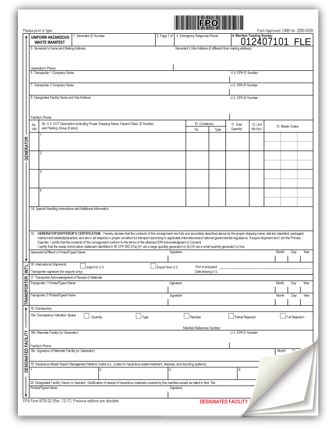 Uniform Hazardous Waste Manifest, 5-Part, Pin-Fed, 500/case