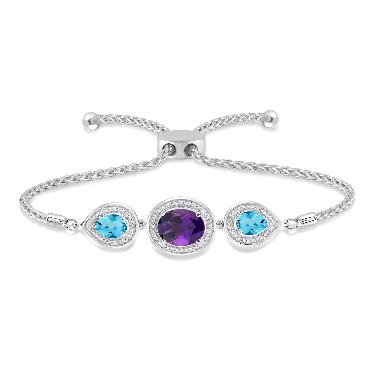 Silver Diamond with Amethyst & Blue Topaz Lariat Bracelet