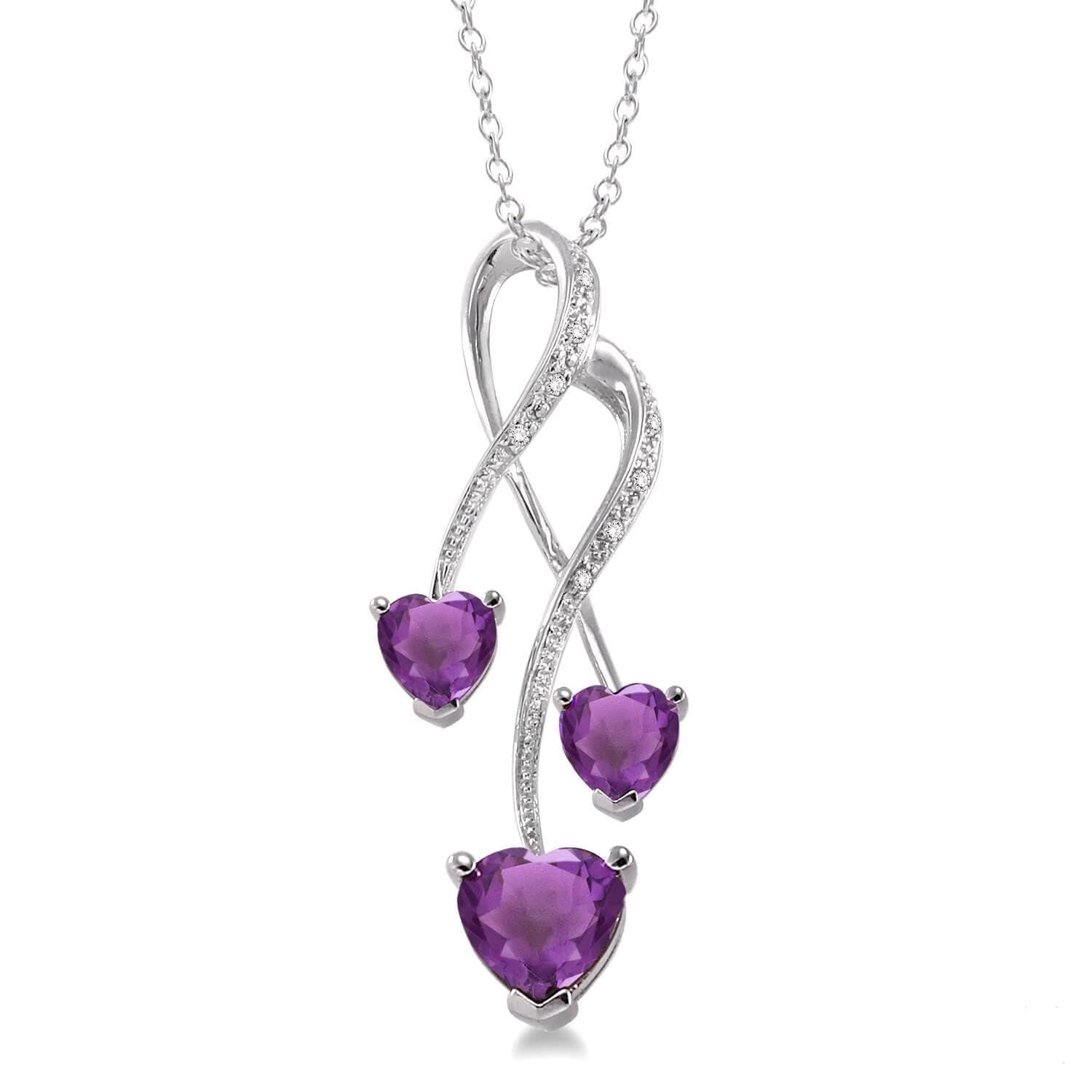 Triple Heart Shape Amethyst  & Diamond Pendant