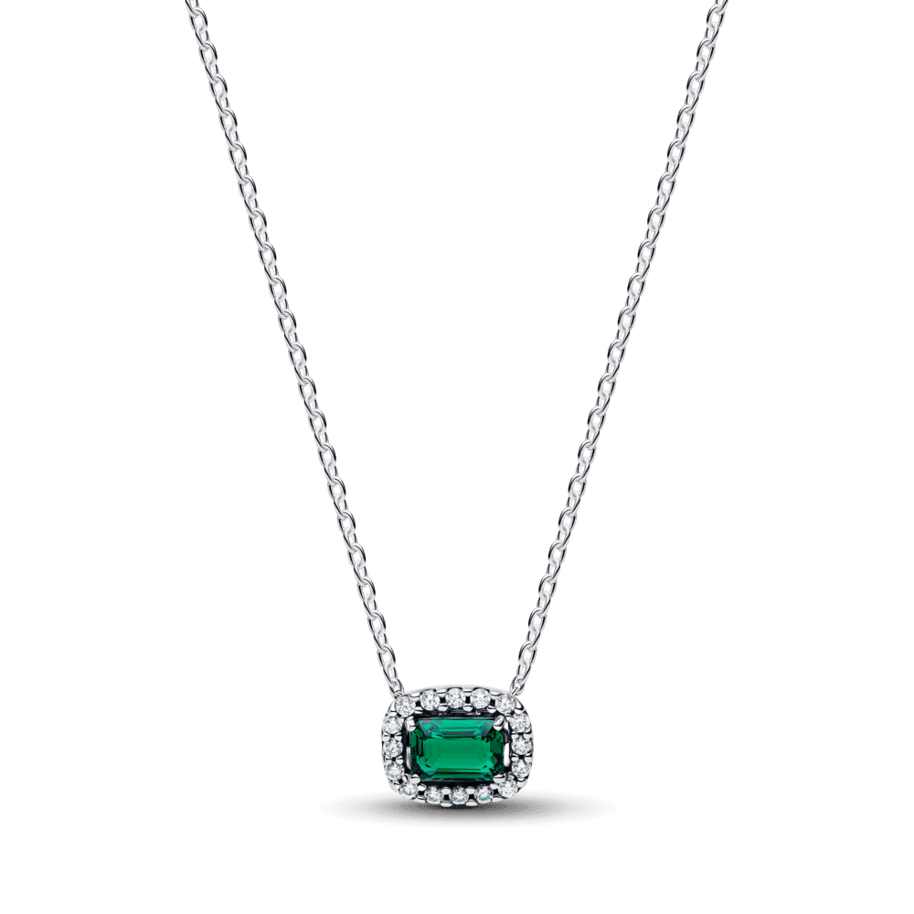 Rectangular Sparkling Green Halo Pendant Necklace