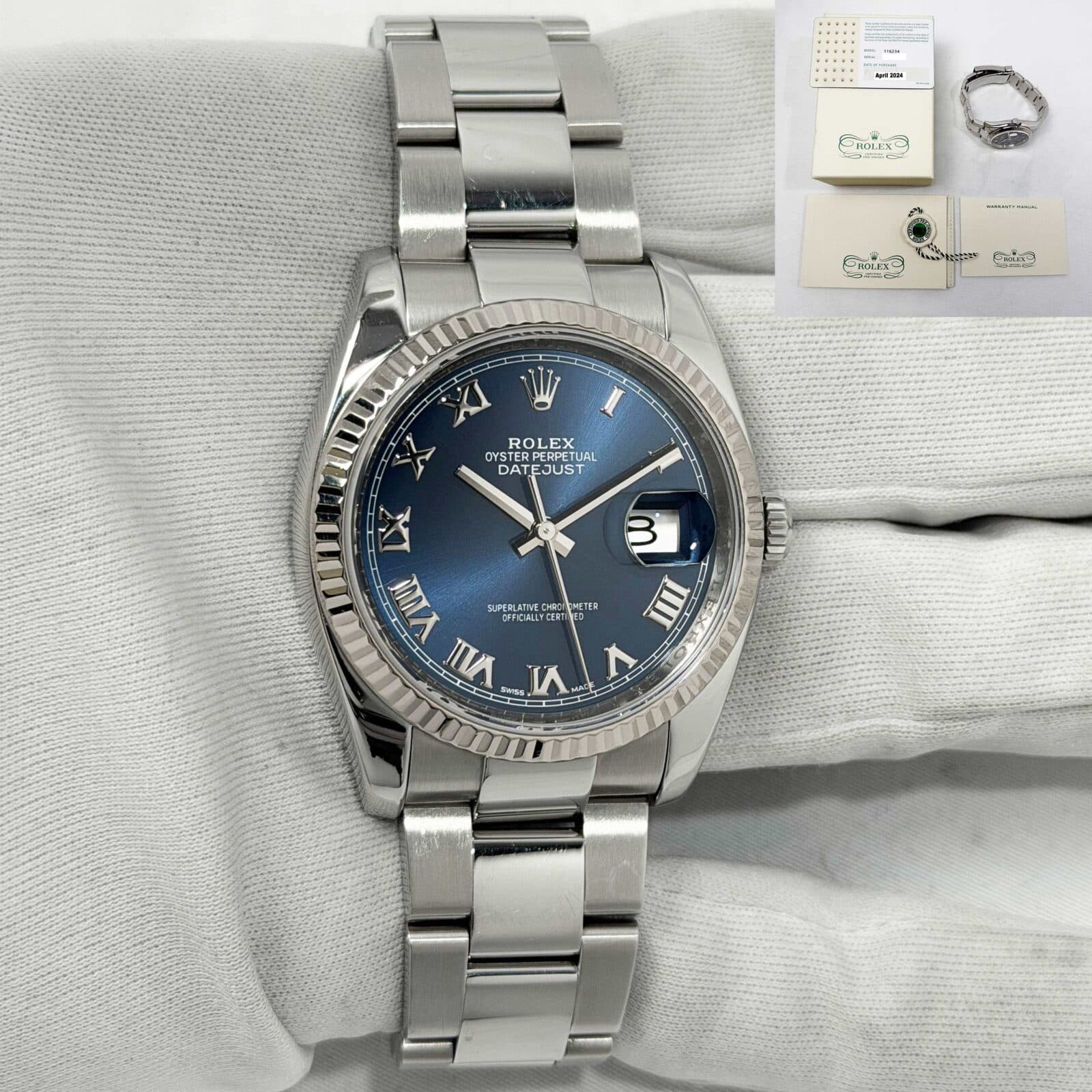 2004 Rolex Datejust 116234 36MM Blue Fluted Oyster Steel Cpo Set F-Serial