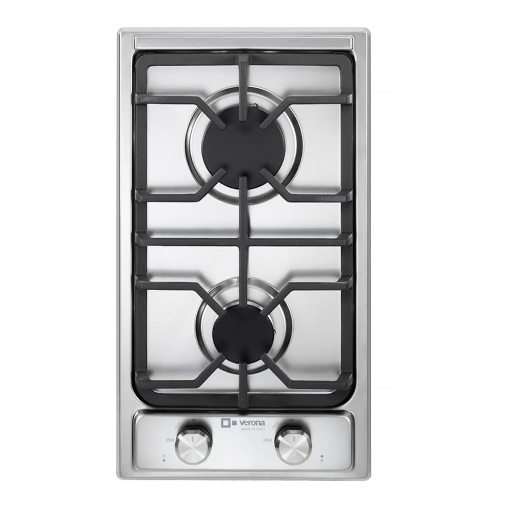 Verona VDGCT212FSS 12 inch Italian-Made Gas Cooktop with 2 Brass Burners and Continuous Cast Iron Grates in Stainless Steel