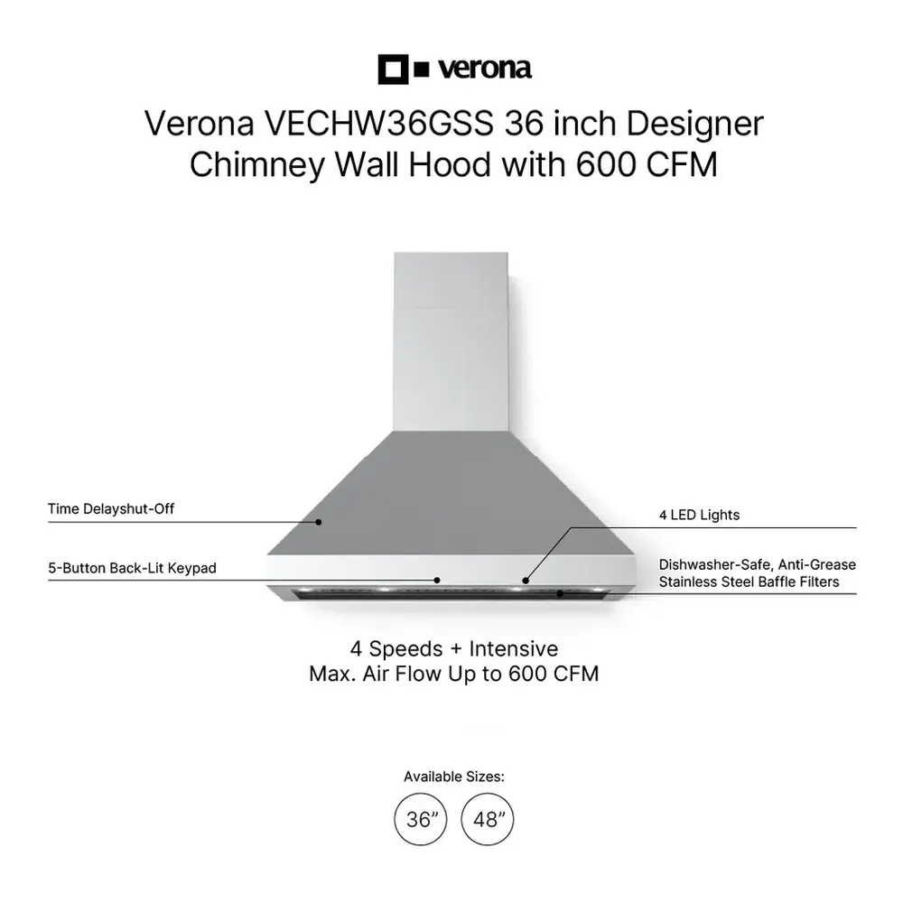 Verona VECHW36GSS 36 inch Designer Chimney Wall Hood with 600 CFM, Stainless Steel Baffle Filters, LED Lighting, Delay Shut-Off (Stainless Steel) - thumbnail 2