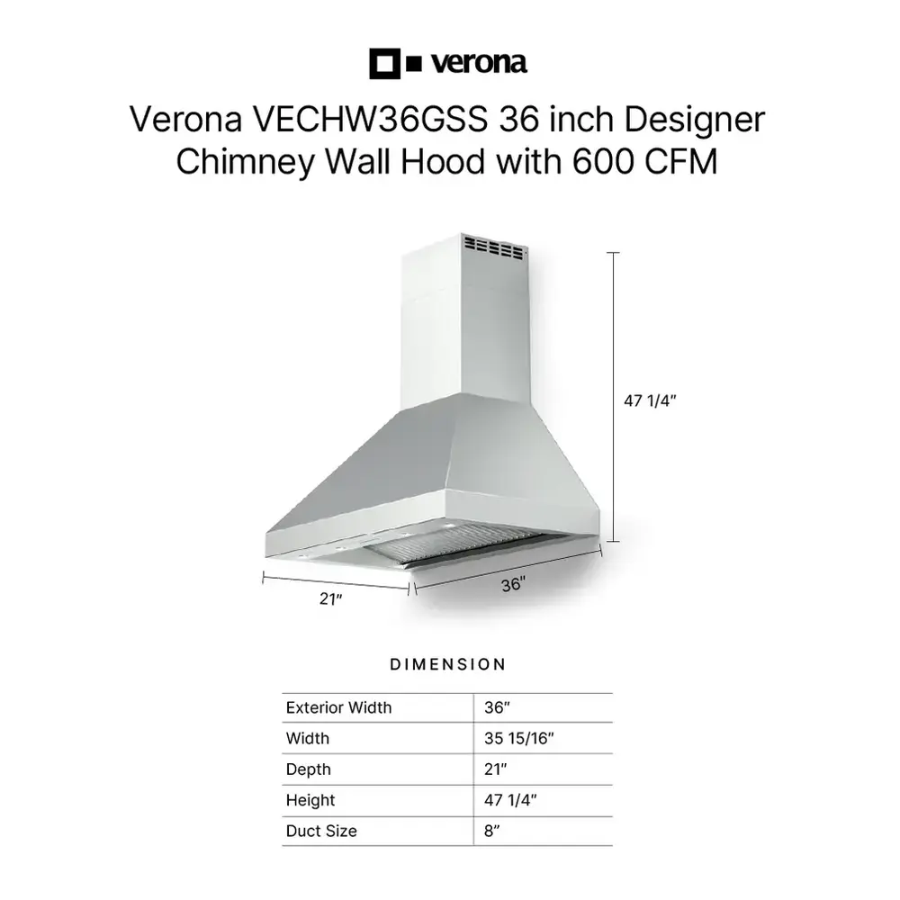 Verona VECHW36GSS 36 inch Designer Chimney Wall Hood with 600 CFM, Stainless Steel Baffle Filters, LED Lighting, Delay Shut-Off (Stainless Steel) - thumbnail 3