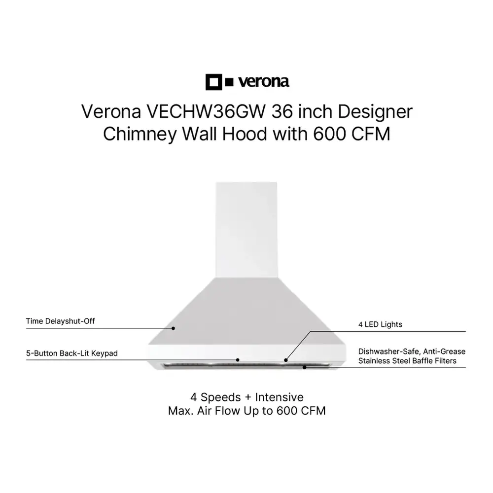 Verona VECHW36GW 36 inch Designer Chimney Wall Hood with 600 CFM, Stainless Steel Baffle Filters, LED Lighting, Delay Shut-Off (White) - thumbnail 2