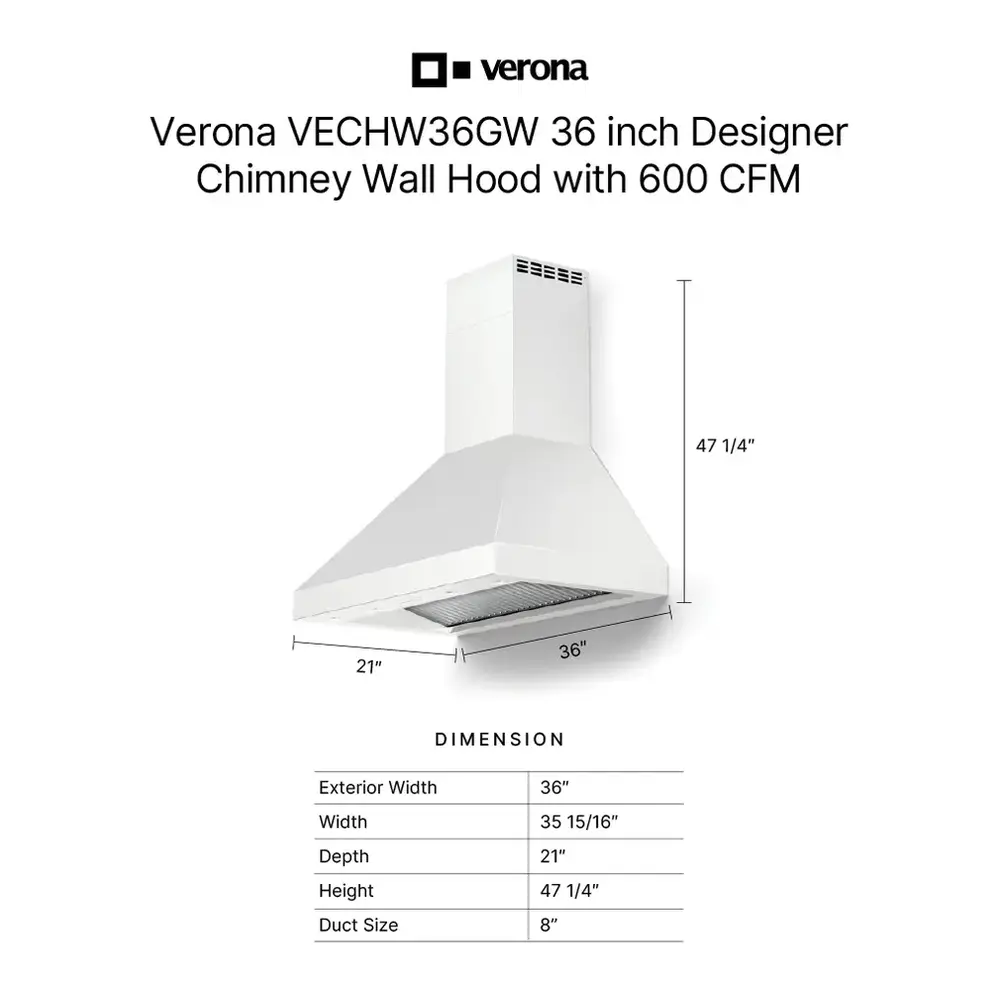 Verona VECHW36GW 36 inch Designer Chimney Wall Hood with 600 CFM, Stainless Steel Baffle Filters, LED Lighting, Delay Shut-Off (White) - thumbnail 3