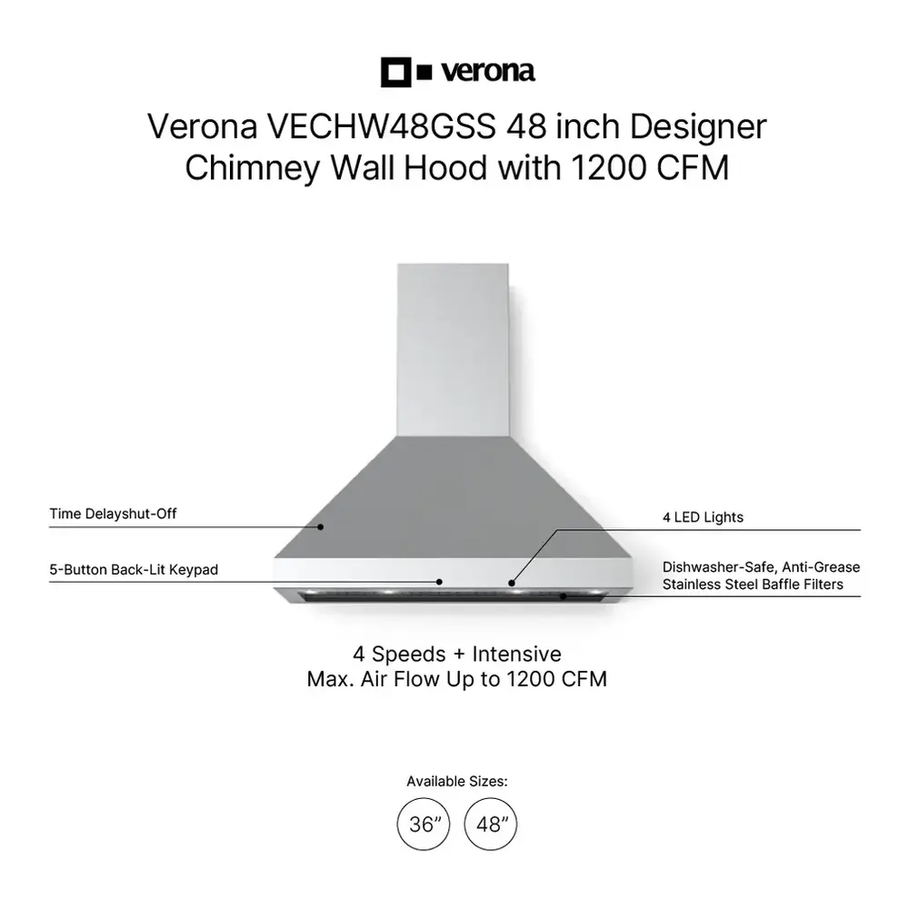 Verona VECHW48GSS 48 inch Designer Chimney Wall Hood with 1200 CFM, Stainless Steel Baffle Filters, LED Lighting in Stainless Steel - thumbnail 2