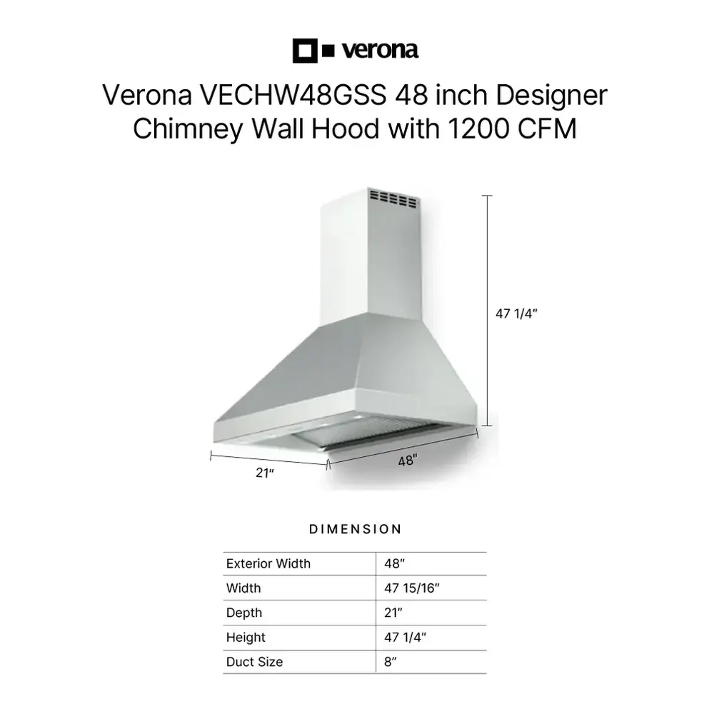 Verona VECHW48GSS 48 inch Designer Chimney Wall Hood with 1200 CFM, Stainless Steel Baffle Filters, LED Lighting in Stainless Steel - thumbnail 3