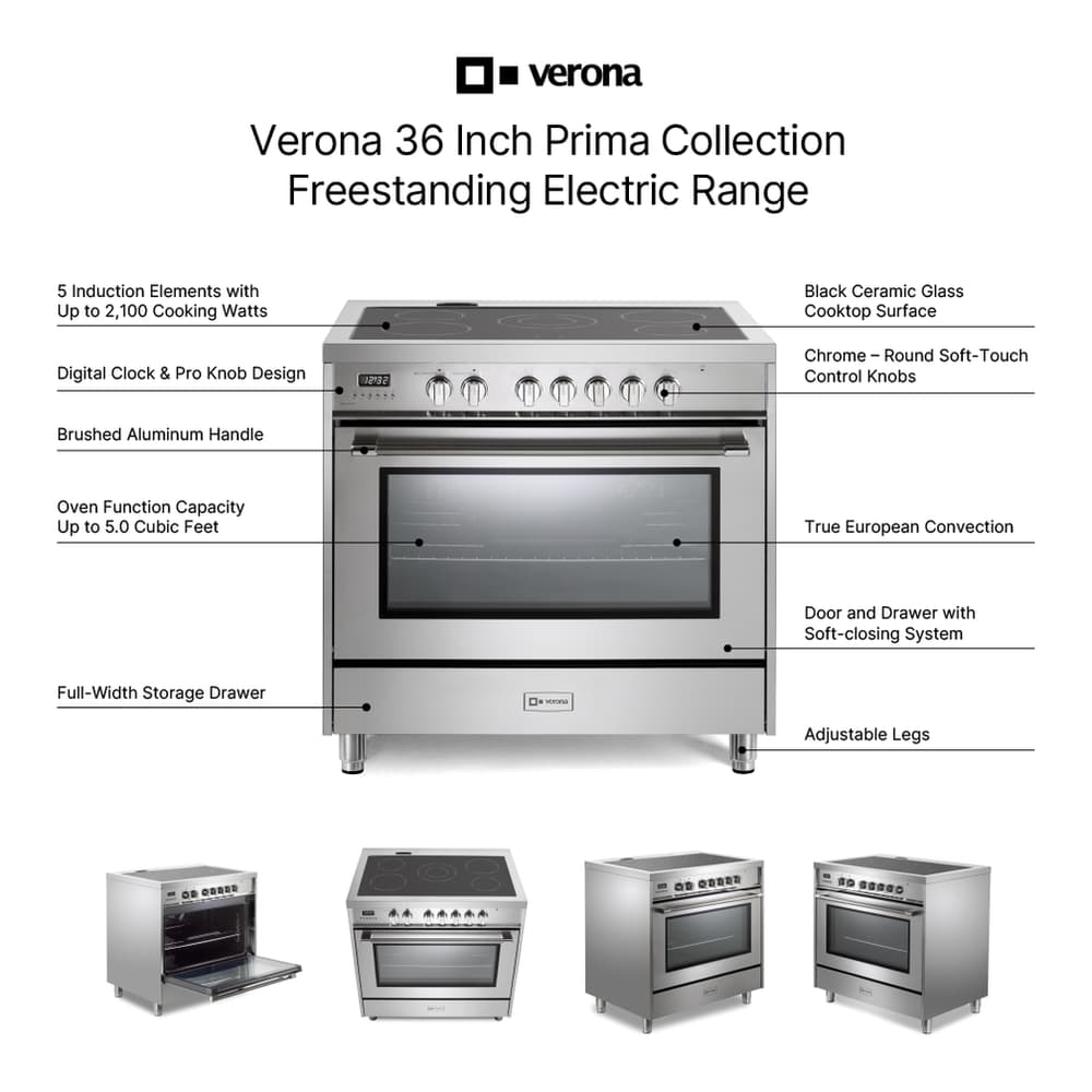 Verona VPRFSEE365SS 36 inch Prima Series Freestanding Electric Range with 5 Elements, 5 cu. ft. Oven Capacity, Digital Clock, Timer in Stainless Steel - thumbnail 2