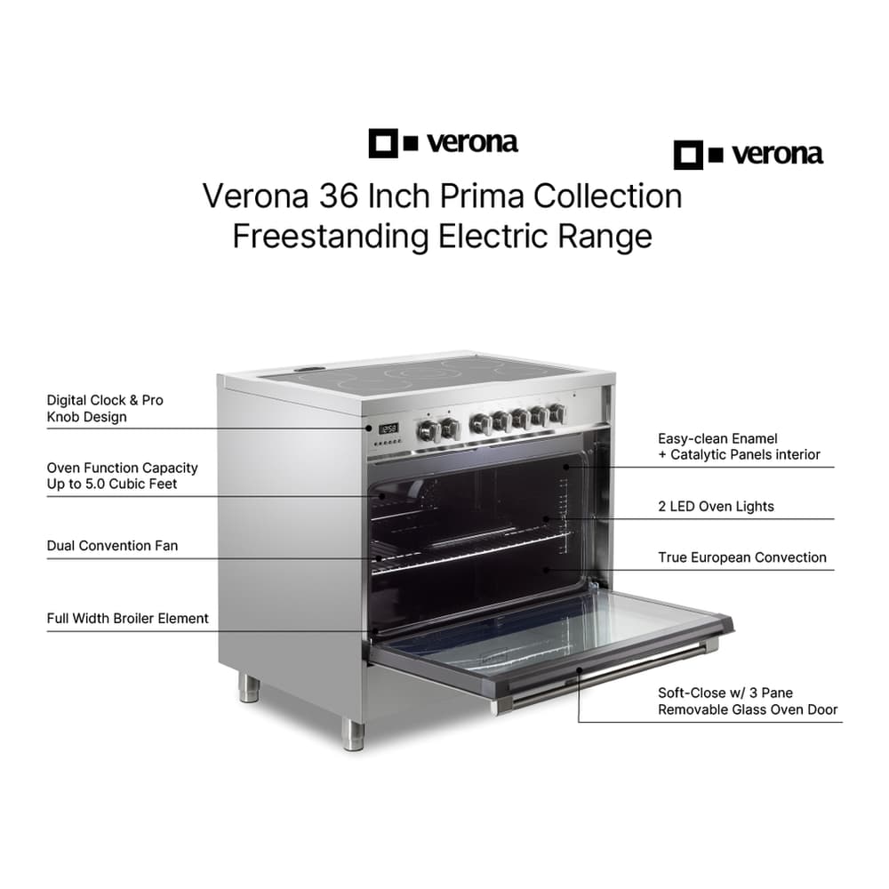 Verona VPRFSEE365SS 36 inch Prima Series Freestanding Electric Range with 5 Elements, 5 cu. ft. Oven Capacity, Digital Clock, Timer in Stainless Steel - thumbnail 3