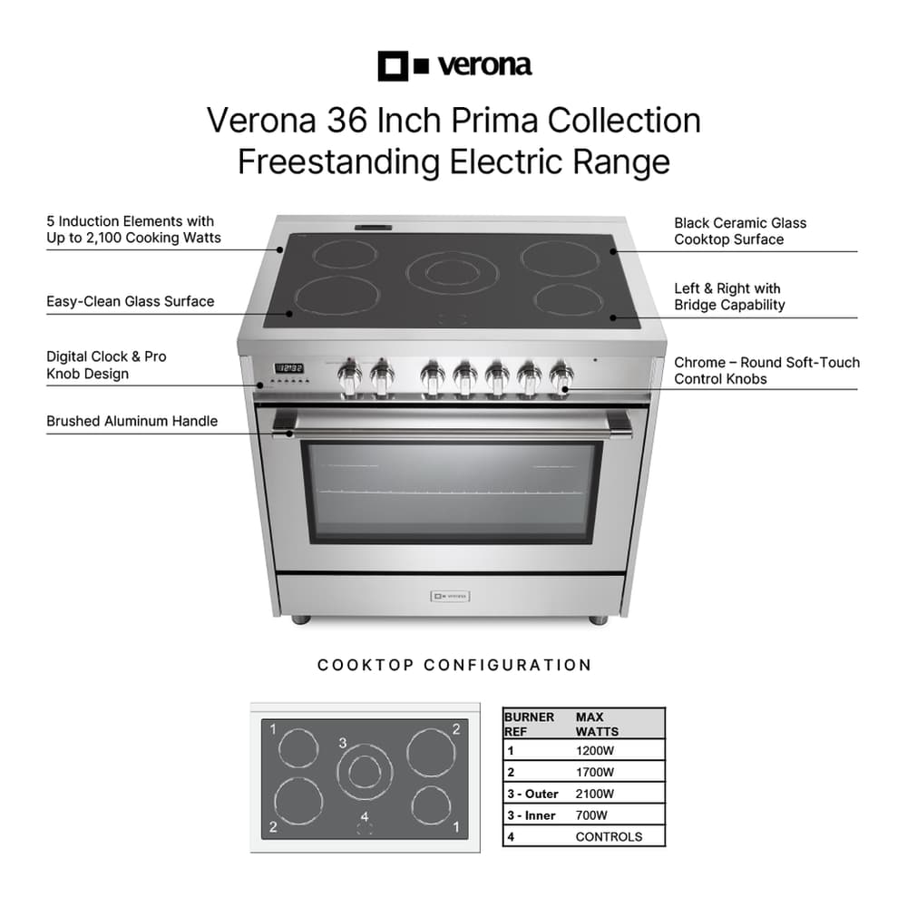 Verona VPRFSEE365SS 36 inch Prima Series Freestanding Electric Range with 5 Elements, 5 cu. ft. Oven Capacity, Digital Clock, Timer in Stainless Steel - thumbnail 4