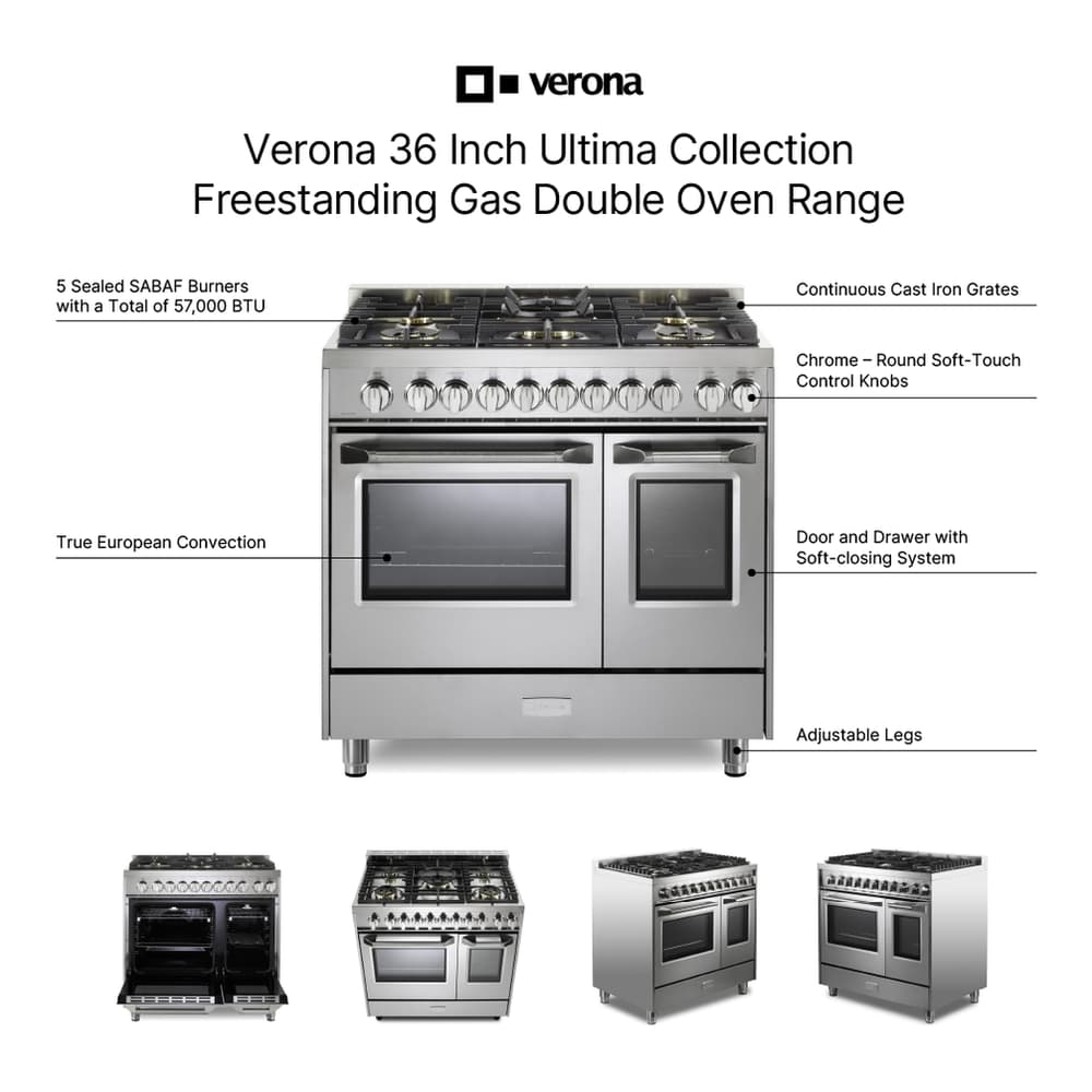 Verona VUFSGG365DSS 36 inch Ultima Collection Double Oven Gas Range with 5 Brass Burners, 4.1 cu. ft. Oven Total Capacity in Stainless Steel - thumbnail 2