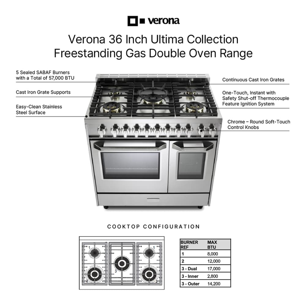 Verona VUFSGG365DSS 36 inch Ultima Collection Double Oven Gas Range with 5 Brass Burners, 4.1 cu. ft. Oven Total Capacity in Stainless Steel - thumbnail 4