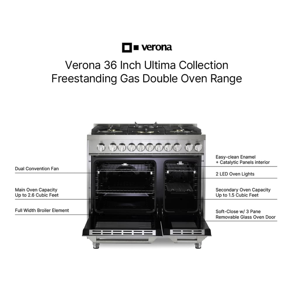 Verona VUFSGG365DSS 36 inch Ultima Collection Double Oven Gas Range with 5 Brass Burners, 4.1 cu. ft. Oven Total Capacity in Stainless Steel - thumbnail 3