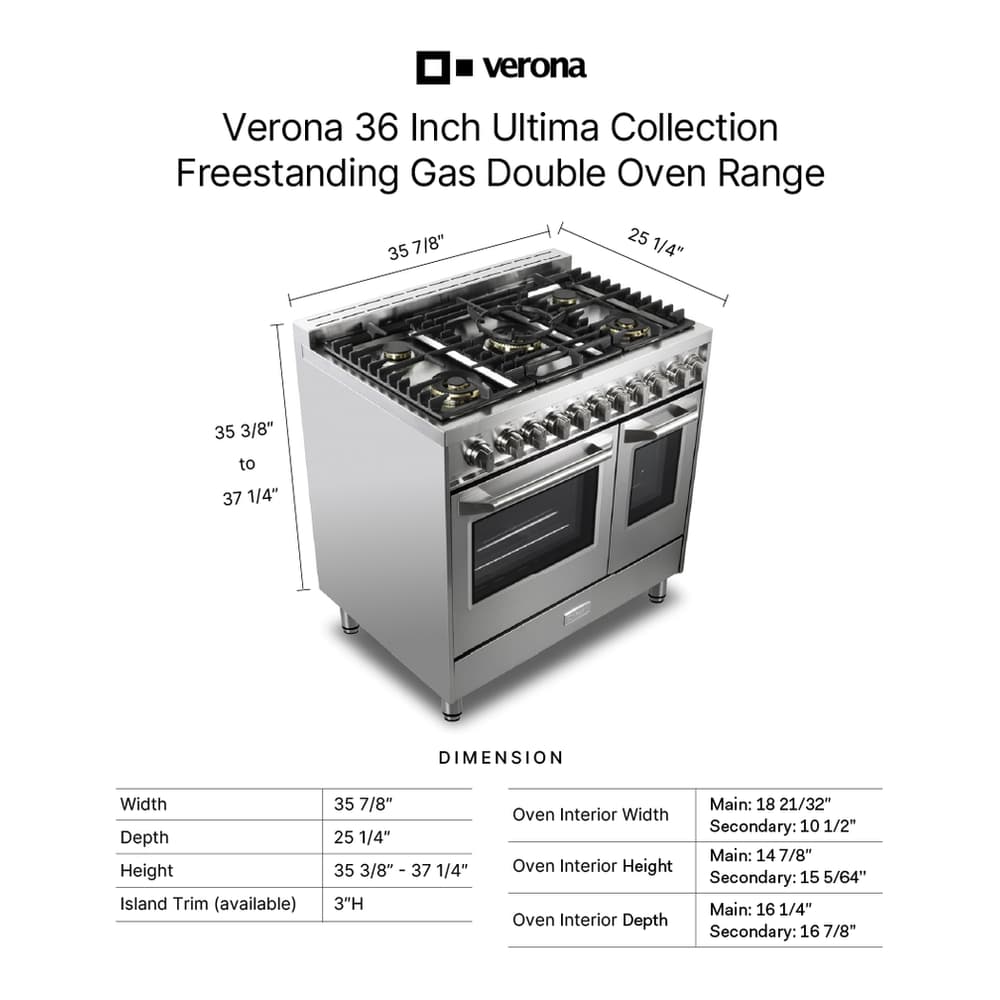 Verona VUFSGG365DSS 36 inch Ultima Collection Double Oven Gas Range with 5 Brass Burners, 4.1 cu. ft. Oven Total Capacity in Stainless Steel - thumbnail 5