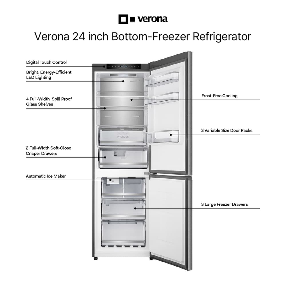 Verona VEFBF2411RISL 24 inch Bottom Freezer Refrigerator with 11.4 cu. ft. Total Capacity, Automatic Ice Maker, Sabbath Mode, Energy Star in Stainless Steel Look - thumbnail 2