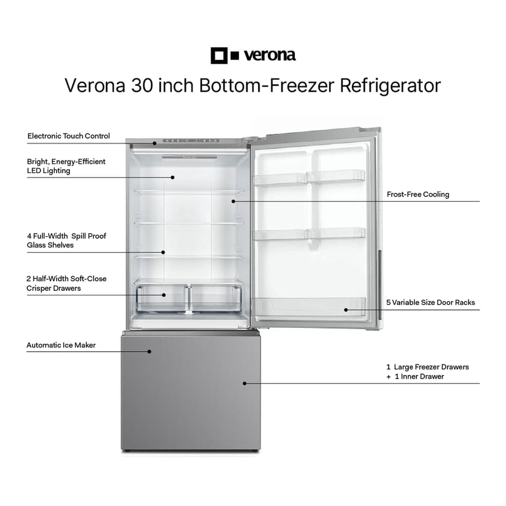Verona VEFBF3017RISL 30 inch Freestanding Bottom Freezer Refrigerator with 17.6 cu. ft. Total Capacity, Automatic Ice Maker, Recessed Handle (Stainless Steel Look) - thumbnail 2