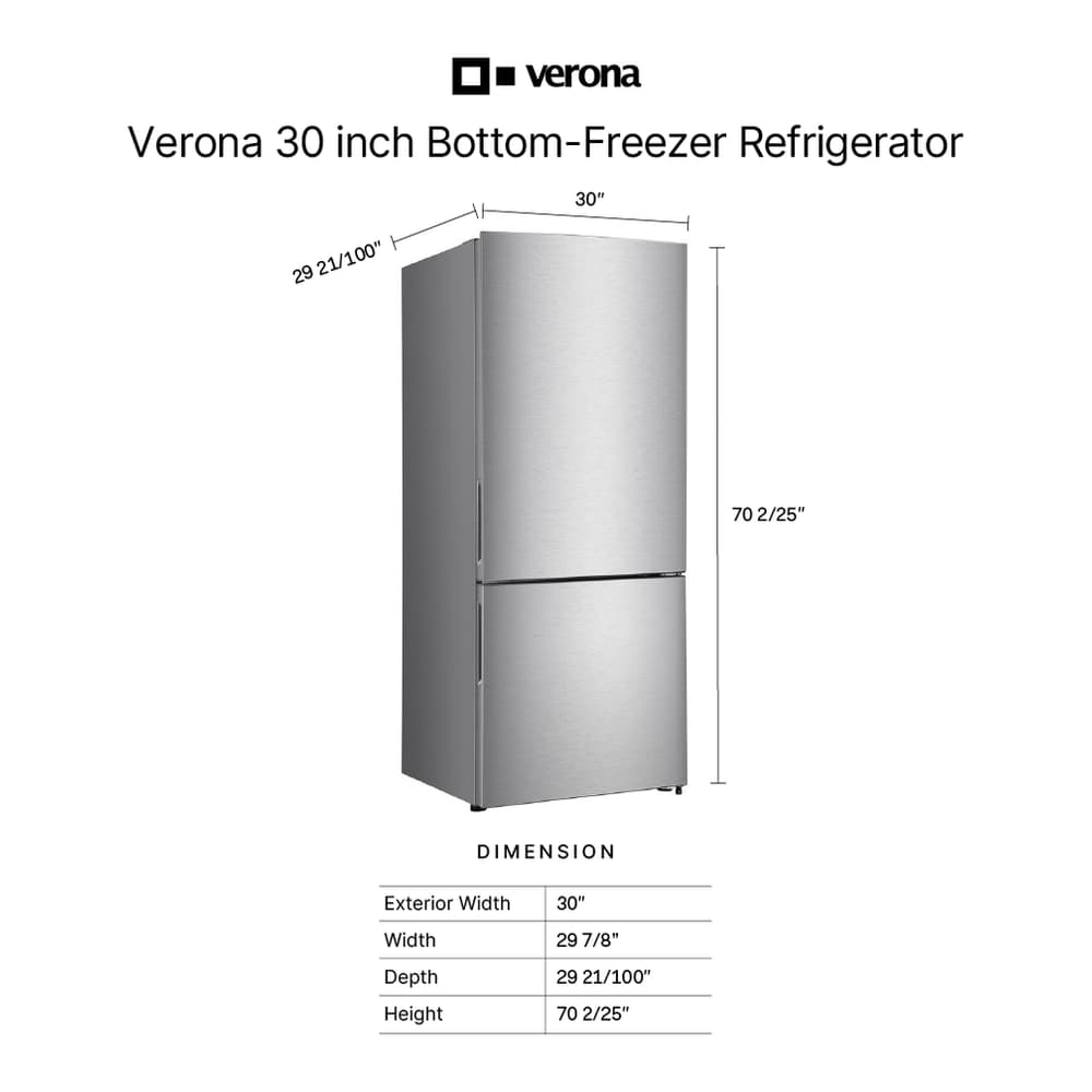 Verona VEFBF3017RISL 30 inch Freestanding Bottom Freezer Refrigerator with 17.6 cu. ft. Total Capacity, Automatic Ice Maker, Recessed Handle (Stainless Steel Look) - thumbnail 3