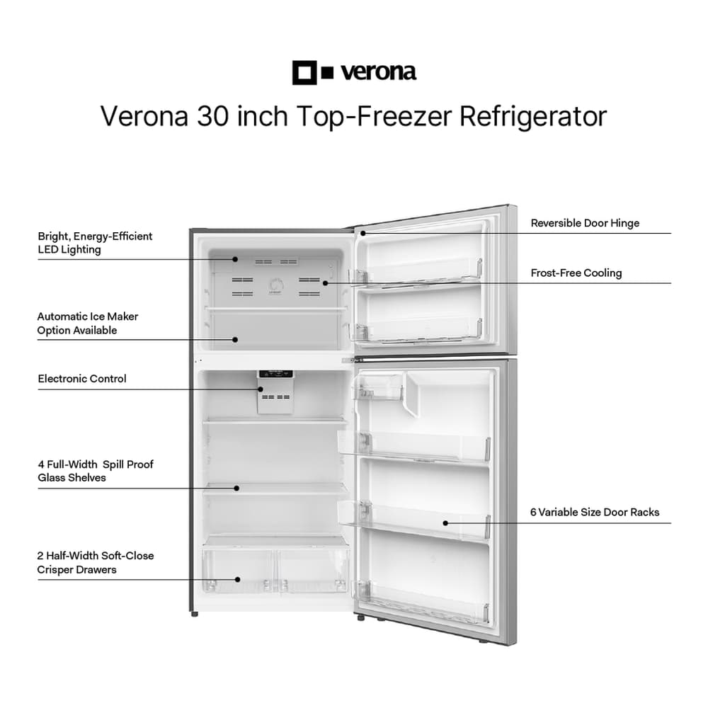 Verona VEFTF3018RSL 30 inch Top Freezer Refrigerator with 18.1 cu. ft. Total Capacity, LED Lighting, Reversible Doors, Gallon Door Storage, Recessed Handle, Energy Star (Stainless Steel Look) - thumbnail 2