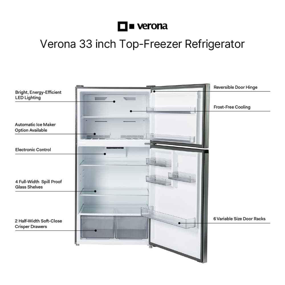 Verona VEFTF3324RBK 33 inch Top Freezer Refrigerator with 24 cu. ft. Total Capacity, Reversible Doors, Recessed Handle, Energy Star (Black) - thumbnail 2