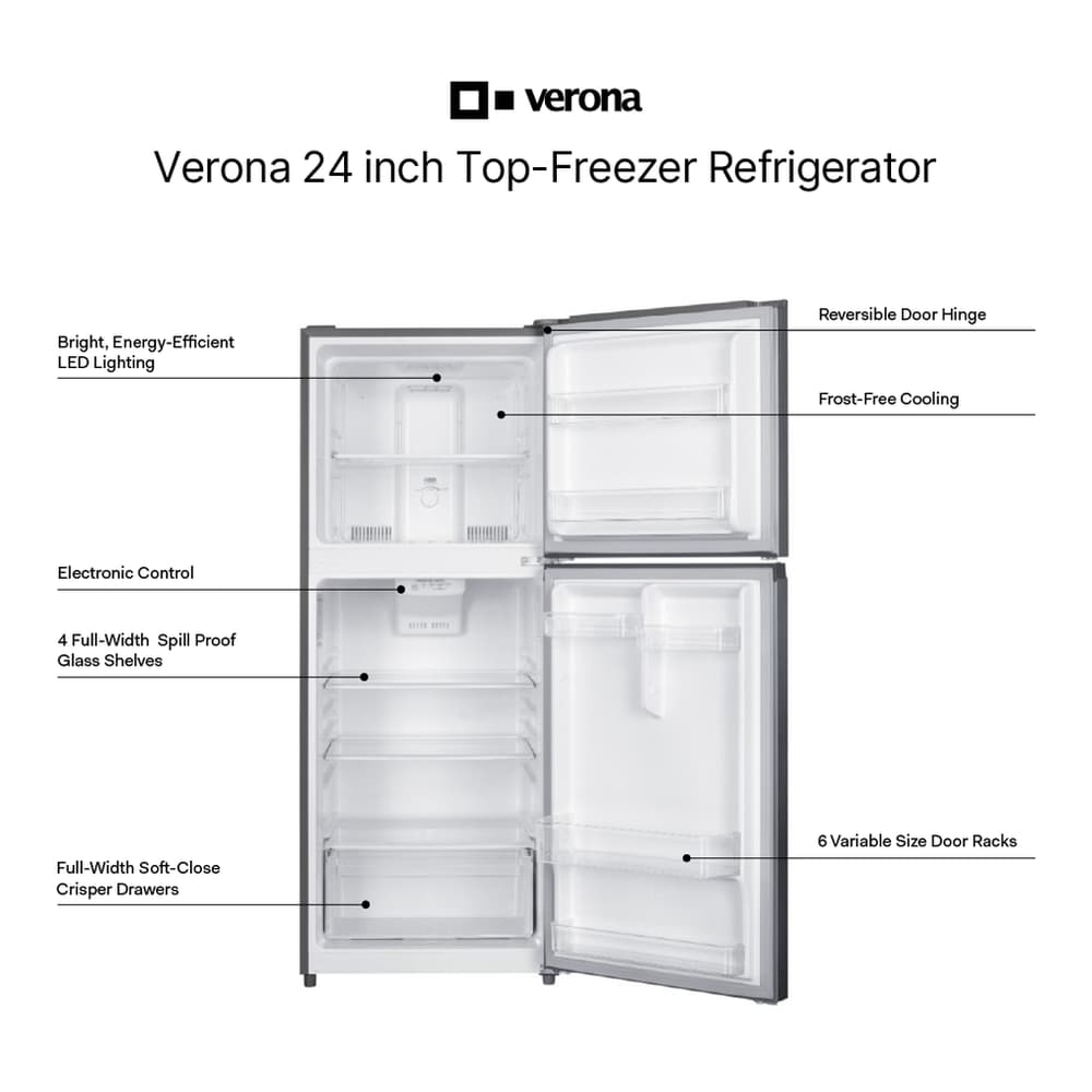 Verona VEFTF2412RSL 24 inch Top Freezer Refrigerator with 12 cu. ft. Total Capacity, Reversible Doors, Recessed Handle, Energy Star (Stainless Steel Look) - thumbnail 2