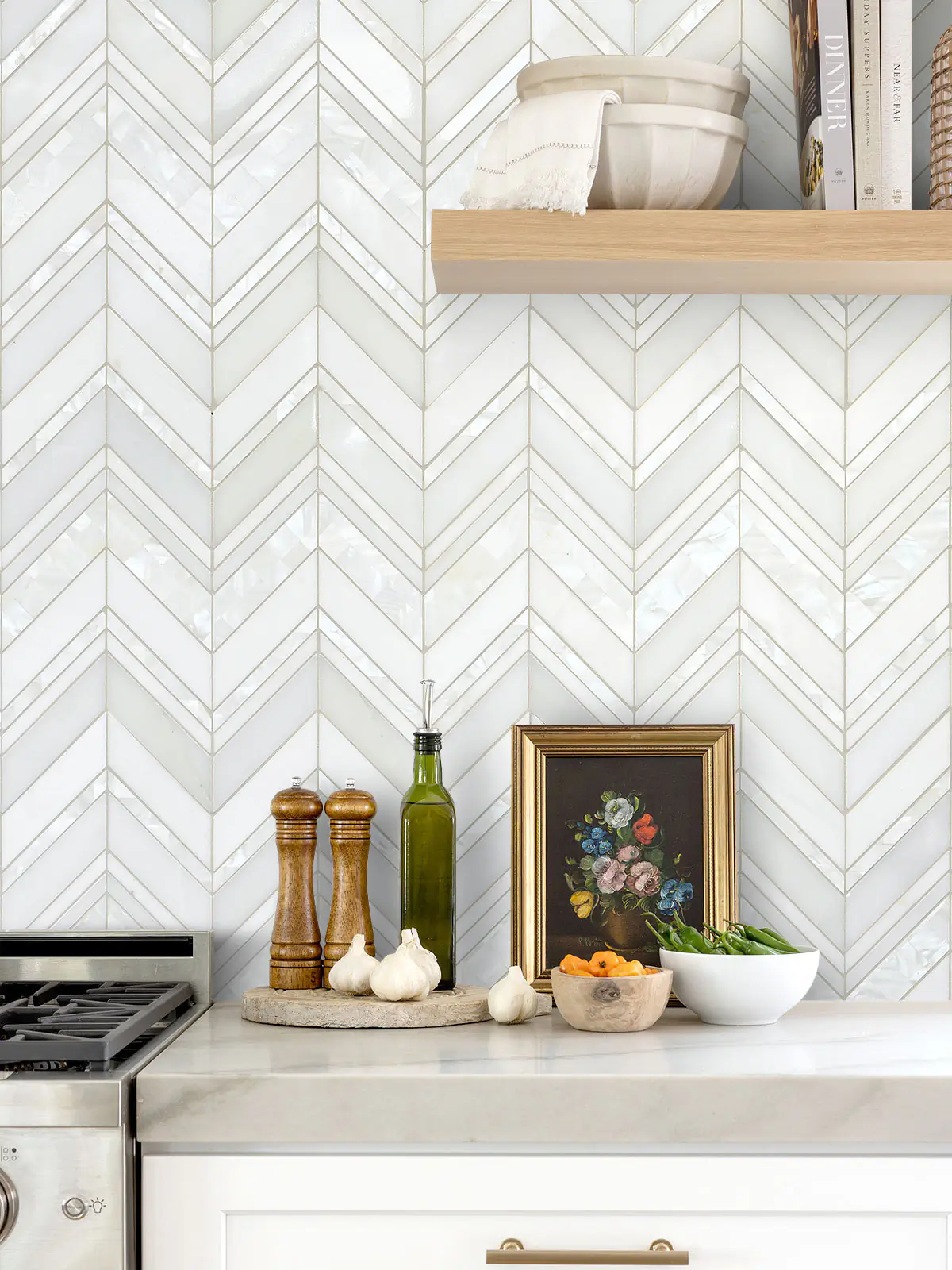 Chevron Pearl Marble Mosaic Backsplash Tile – BA8030