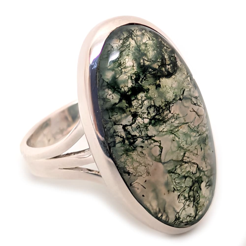 Moss Agate Oval Sterling Silver Ring; size 5 1/2