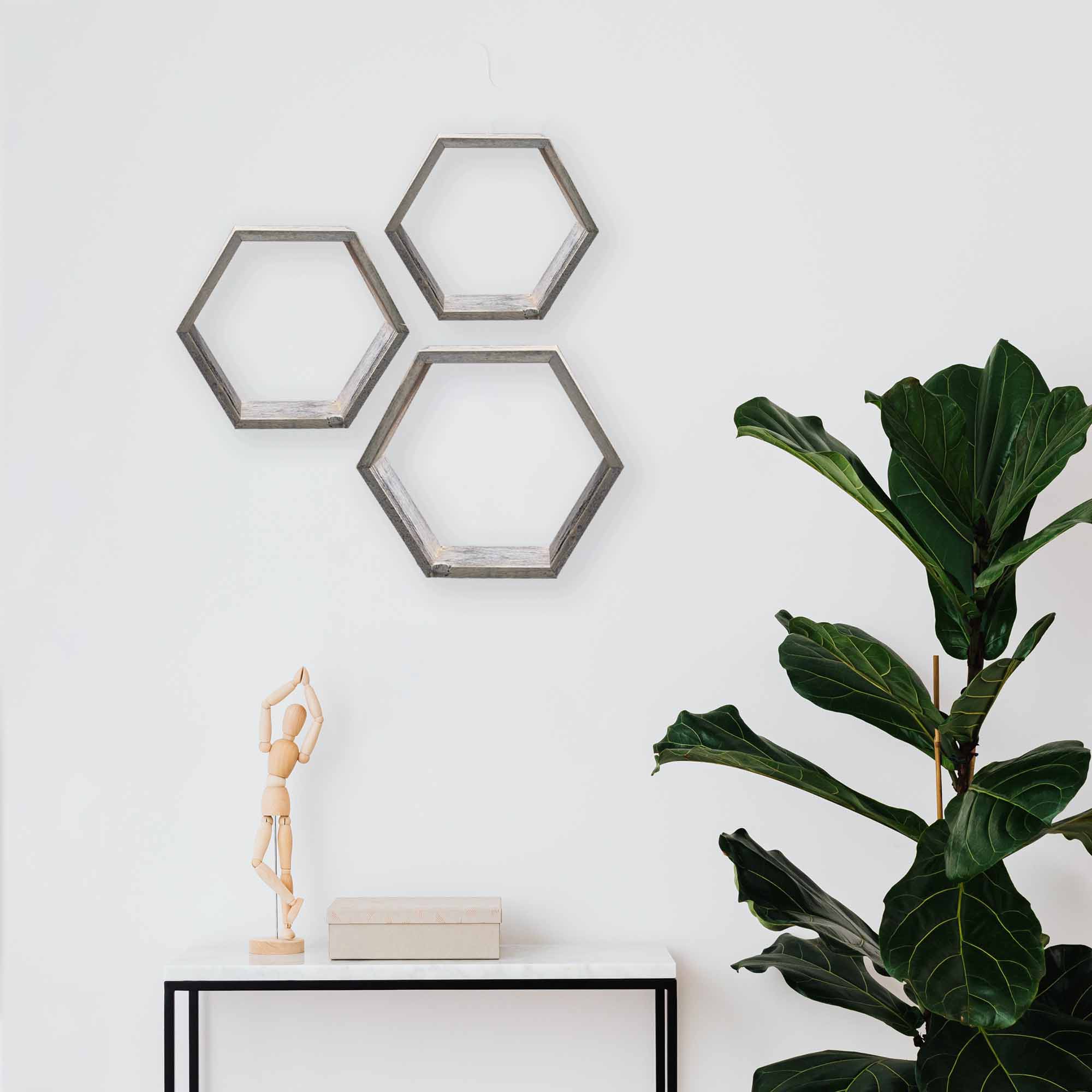 Rustic Reclaimed Wood Hexagon Shelves Set of 3