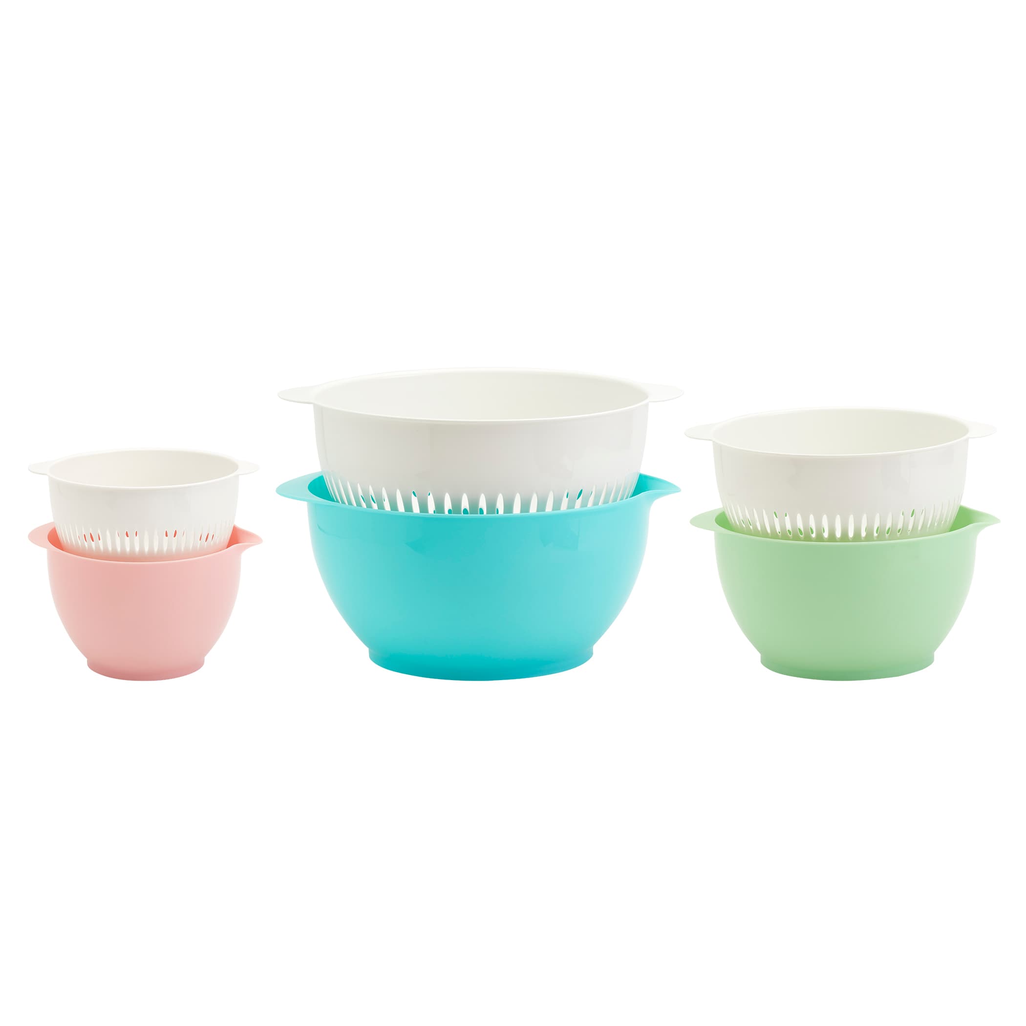Basic Essentials 6 Piece Plastic Nesting Mixing Bowls and Colanders Set, Pink, Green & Blue