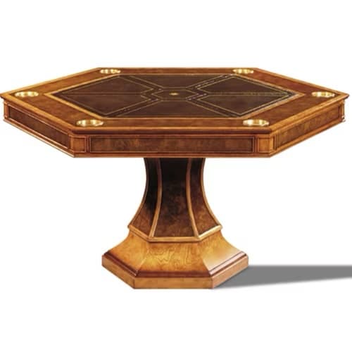 Hexagonal Leather Top Game Table Burly Walnut