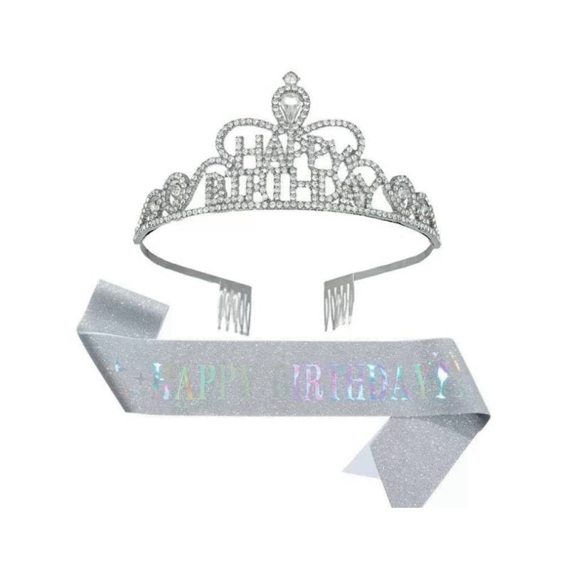 Happy Birthday Deluxe Crown & Sash Set – Silver Celebration Accessories