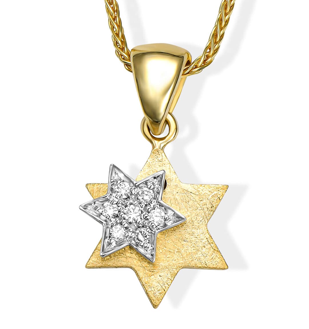 Tiny Double-Layer 14k Gold Magen David Necklace with Spinning Diamonds