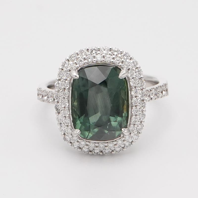Cushion Cut Natural Green Sapphire & Diamond Ring