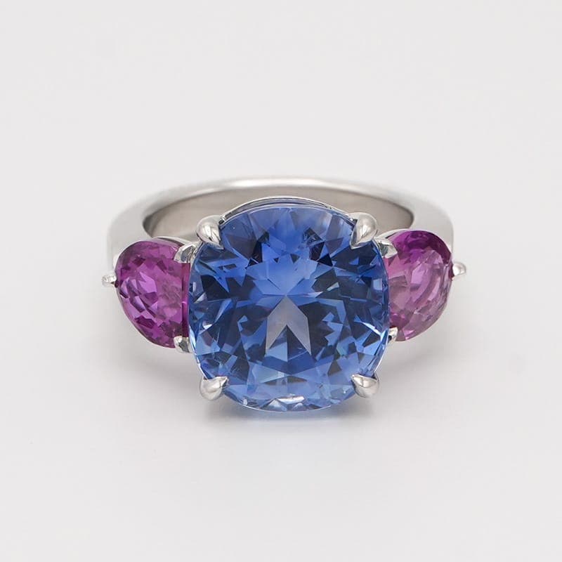 Blue and Pink Sapphire Three Stone Ring