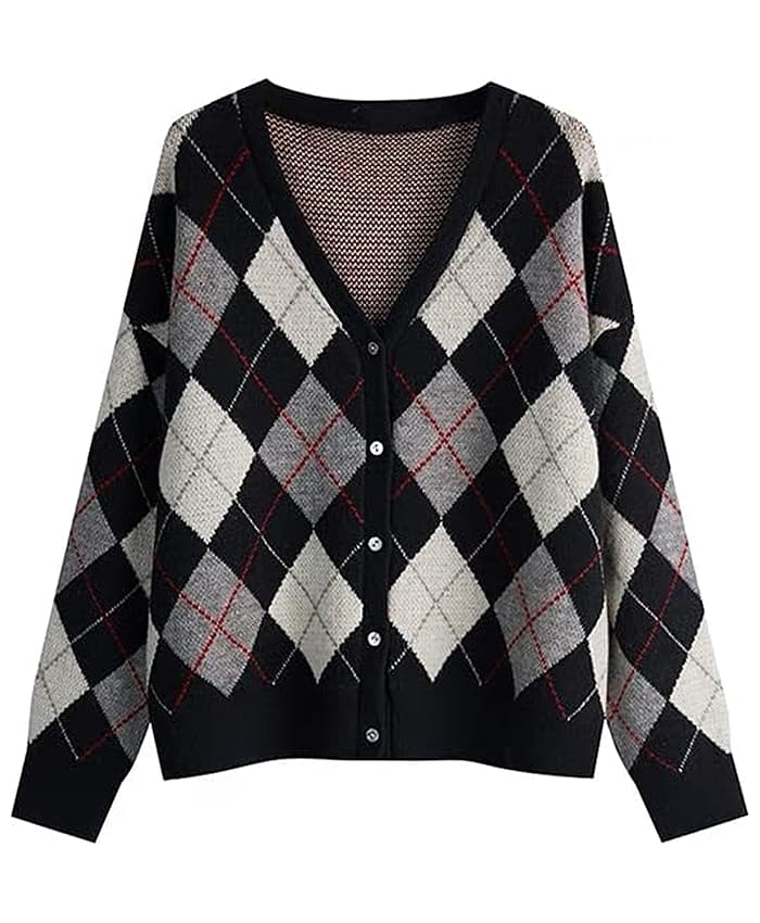Argyle Pattern V Neck Button Down Knit Sweater